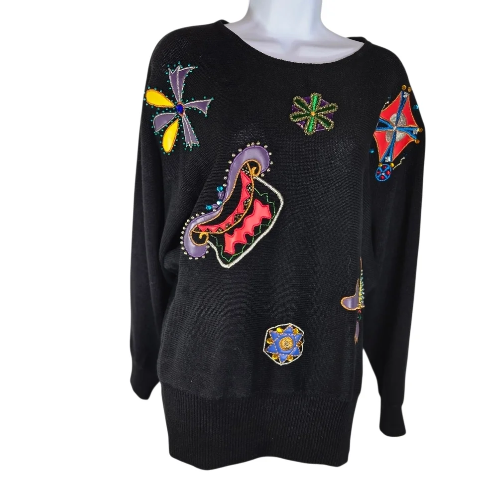 Vtg 80s 90s Cedars Abstract Wearable Art Embellished Dolman Sweater